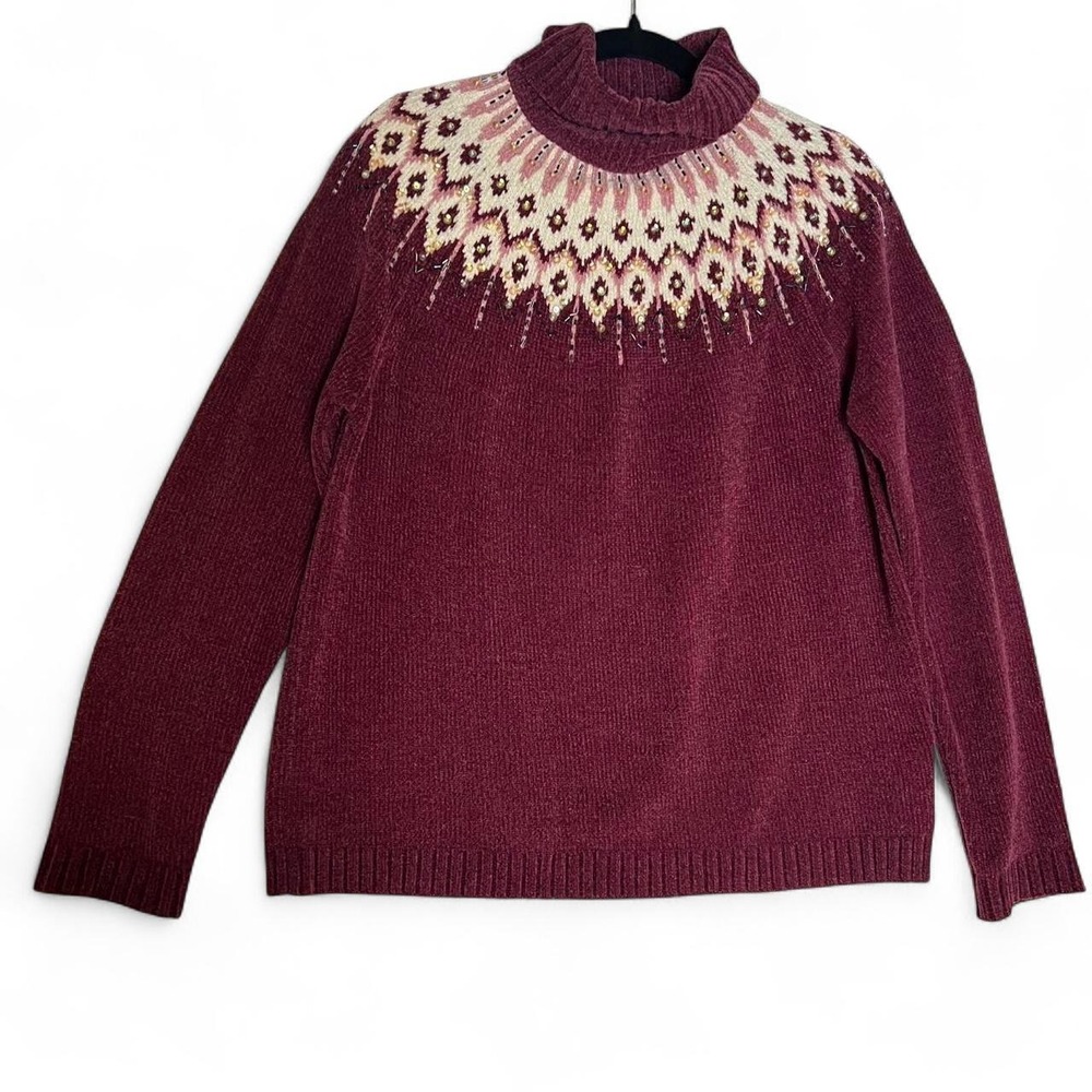 White Stag Burgundy & Cream Fair Isle Sweater with beaded details in size large